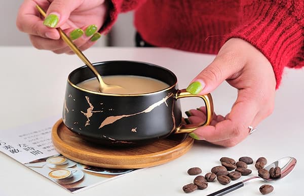 Teacup Coffee Mug Set for Afternoon Tea - Marble Pattern (Short 300ml + Wooden Saucer)