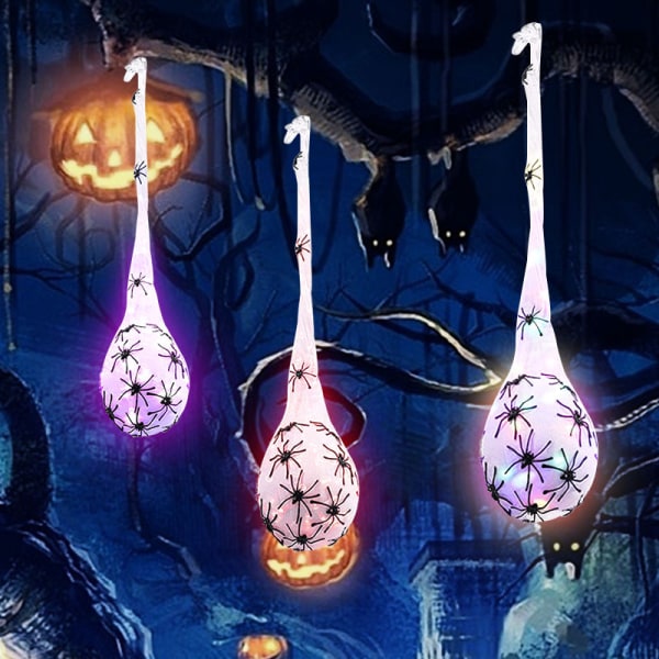 Halloween hengende dekorasjoner Edderkoppegg-sekker -edderkoppeggdekorasjon med lilla LED-lys Halloween rekvisitter til hageplentre Halloween Par