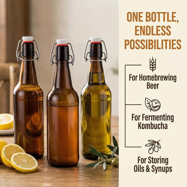 10-pack bärnstensfärgade ölflaskor i glas, 16 oz swingtop-flaskor med lufttätt snäpplock för hembryggning av öl, kombucha, kefir, vin