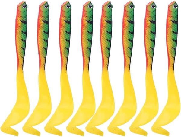 Fiskedrag, sæt med 8, 12 cm, PVC, padlehaledesign