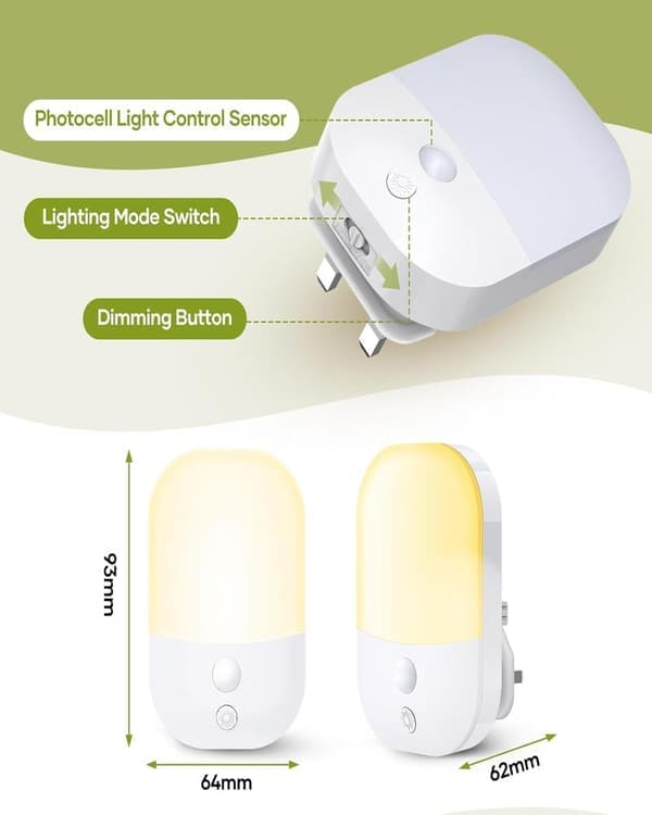 2-pack Night Light with Switch and Dusk Sensor, 3 Adjustable Brightness Levels, ON/OFF/AUTO Modes, 3000K Warm White LED Night Light
