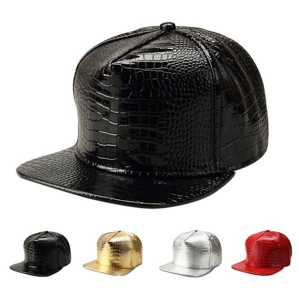 Unisex Baseball Caps i PU-Lær med Krokodille-Design, Justerbar Flat Brim Hip Hop Snapback (svart)Svart Black