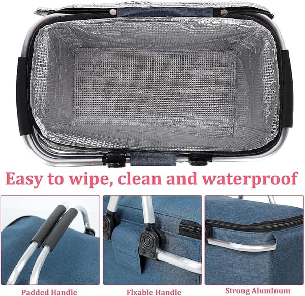 Foldable Picnic Baskets, 4 Person Picnic Basket with Waterproof Lining, Foldable Shopping Basket Cooler Bag (Navy Blue)