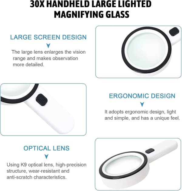 Leseforstørrer, 30X forstørrelsesglass med 12 LED-lys - Illum