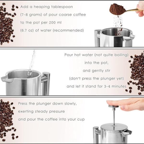 Rostfritt Stål French Press Kaffebryggare 27 Oz 800 ml, Dubbelväggig Metallisolering Kaffepress & Tebryggare Lätt att Rengöra & Lätt