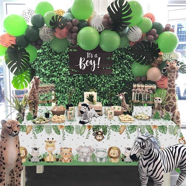 Djungelns vilda djur park duk, djurtryckt duk, salviagrön babyshower dekoration, zoo duk