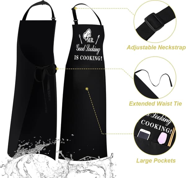 Funny Cooking Apron for Men with Double Pockets, Adjustable Bib Apron for Kitchen, BBQ, Gift, Mr Good Looking Is Cooking, Black
