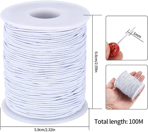 Elastisk tråd, 1 mm x 100 m elastisk perletråd, elastisk, perletråd, elastisk snor til DIY halskæder, armbånd, håndværk, smykkefremstilling, hvid