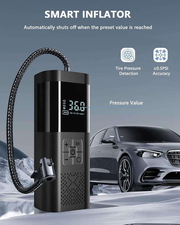 Portable Cordless Air Pump, 150 PSI, Auto Shut-Off Function, Digital Display and LED Light, Black.