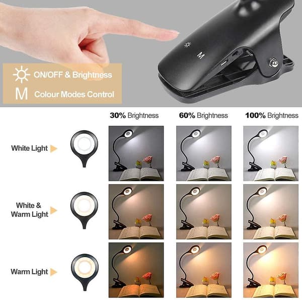 LED-leselampe, 9 ulike innstillinger, øyebeskyttelse, bokklemme-lys, USB-oppladbar leselampe