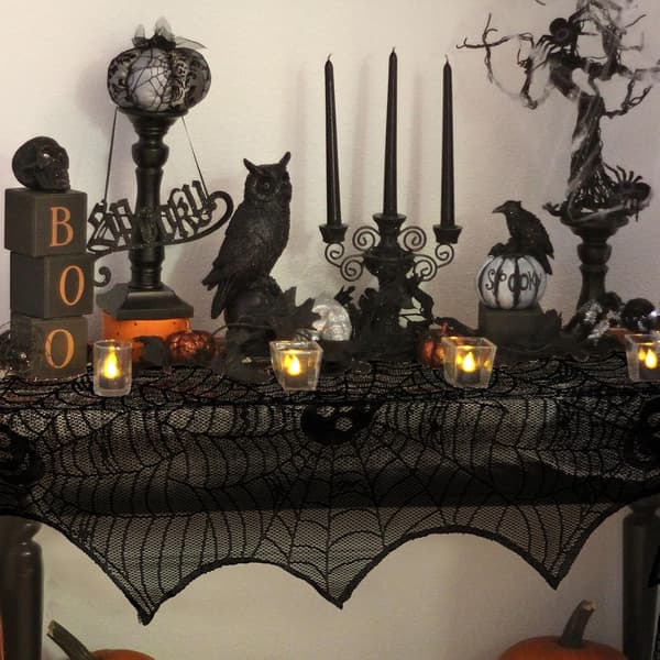 Halloween-dekorasjon Svart Blonder Spindelvev Peishylle Skjerf Deksel Festlige Tilbehør 46 x 249 cm