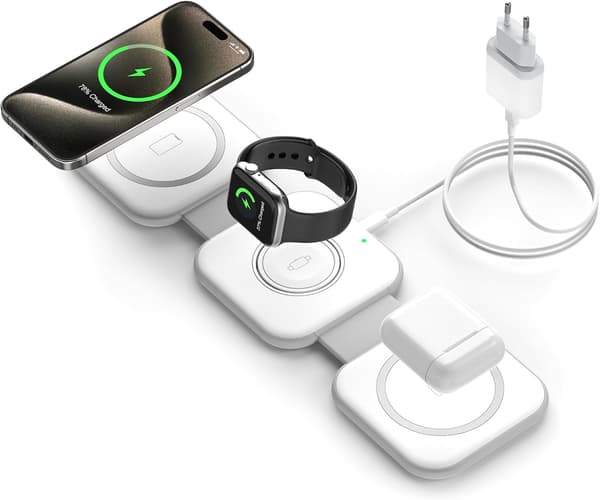 Trådløs induktionsoplader - 3 i 1 foldbar ladestation Magsafe-erstatning til iPhone 16/15/14/13/12/11/Pro/Max/Plus