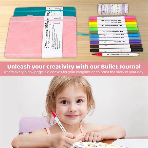 Prickig Journal-Set - Dubbla Spetsar Penslar, Washi Tejp och Schabloner för Kvinnor, Män och Tonåringar, Rosa