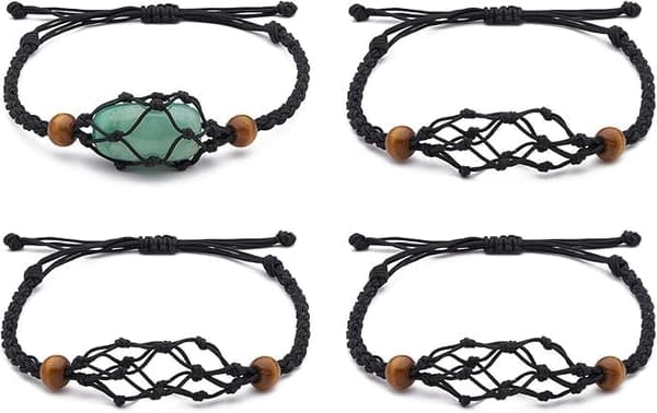 4 STK Makrame Steinbur Armbånd, Justerbar Nettholder DIY Edelstener | Håndvevd Tau Design, Solid Pose Krystaller, Egnet