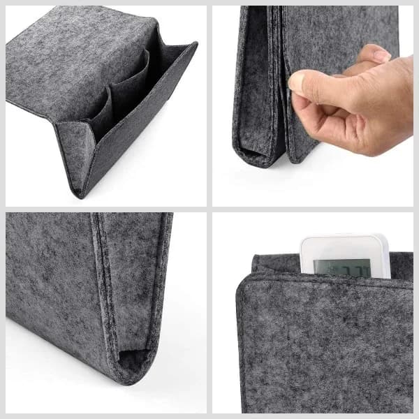 Thicker Bedside Caddy for Storage, Felt Bedside Table, Sofa, Desk, Bed Tray, Storage Organizer with 2 Small Pockets (Grey with Holes)