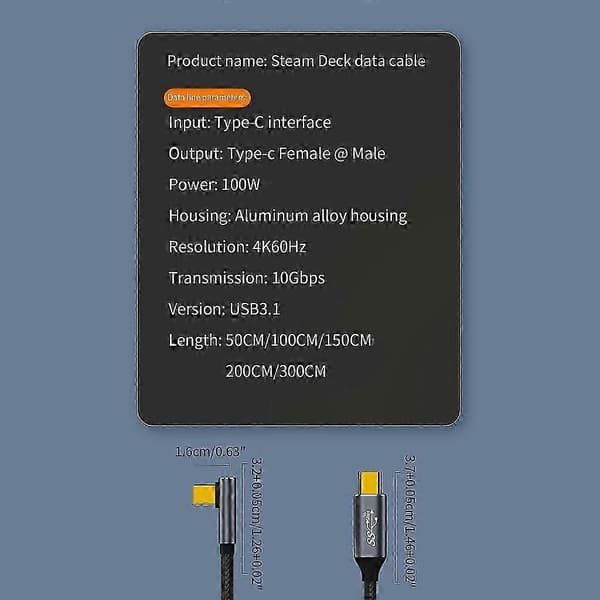 Type-C USB-C Hurtiglading USB C til C Kabel 90 Grader 100W Kabel 4K60Hz Videoutgang Hurtigladekabel 10Gbps