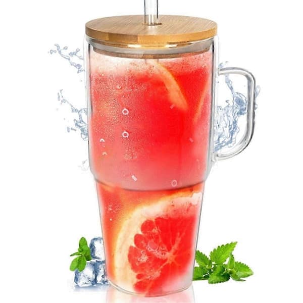 1.2 Liter Glass Cup with Handle and Straw Lid, Reusable Coffee Cup