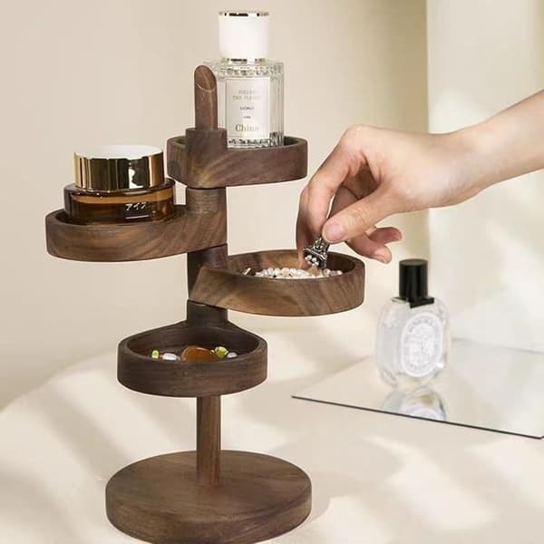 Rotating Wooden Display Stand - 4-Tier Spiral Earring and Jewelry Organizer, Adjustable Perfume Storage Box with Decorative Design