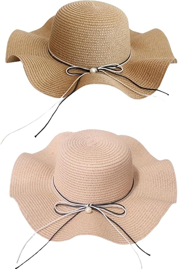 Solhat til damer, 2 stk. sommerstråhatte med bred skygge (Khaki, Rosa)