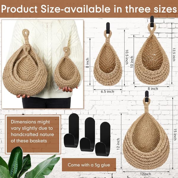 Hanging Wall Basket Teardrop Shaped Hanging Baskets Onion Basket Cape Bohemian Storage Fruit Wall Hooks for Kitchen 3 Sizes (Light Linen)