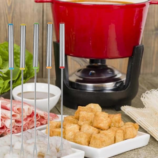 Fonduegafler i rustfrit stål, 6-pak til ost og chokolade, nem rengøring, sikker dypning