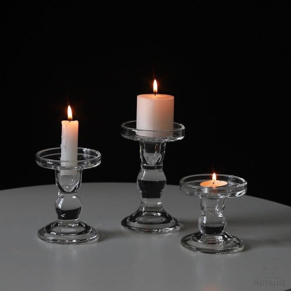 Sett med 3 stearinlysholdere i klart glass, lysestaker, koniske søylelys, telysholder for midtpunkter på spisebord