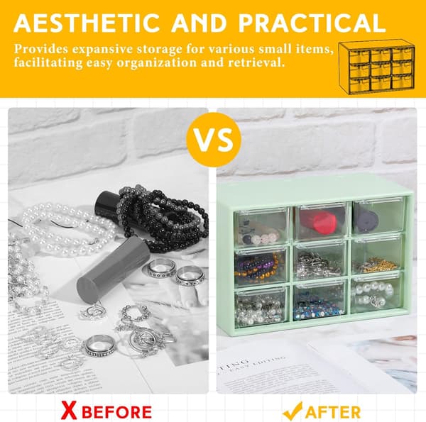 2-piece small storage box, teacher toolbox, with 9 transparent drawers, small plastic desk organizer for teachers.