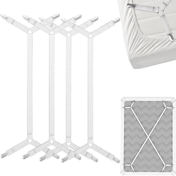Crossed Sheet Holder Straps, 4 Pieces, Keeps Sheets in Place, Twin/Double/King, White (120-300cm)