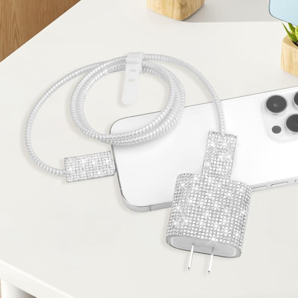 Sett med beskyttelsesdeksel for iPhone 20W USB-C-lader, glitrende diamantladerdeksel, egnet for jenter, myke glitrende ladekabeldeksler.