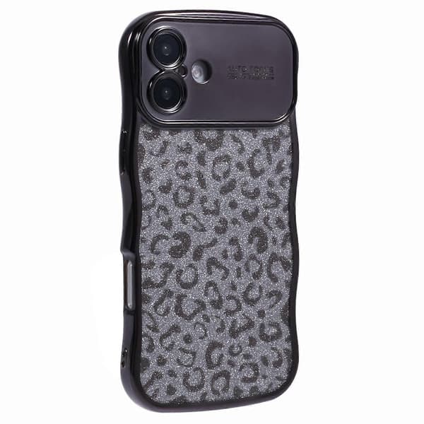 iPhone 16 Curly Frame TPU -kuori leopardikuvioisella glitterillä - Musta