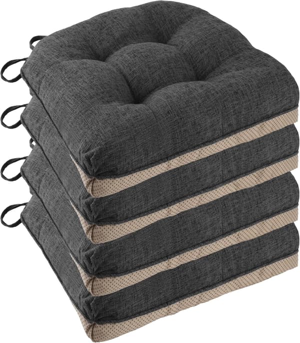 Sklisikre stolputer til spisestoler, 4-pakning, 46*43*9 cm sittepute med stropper mørkegrå dark gray