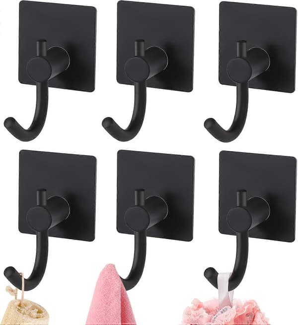 6-pack Self-Adhesive Hooks, Heavy Duty Stainless Steel Hooks, Bathroom Towel Hooks, Clothes Hooks, Wall Mounted Coat Hook