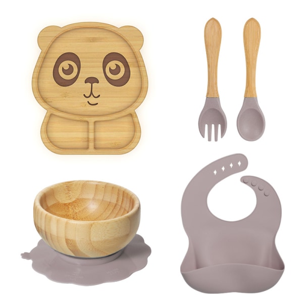 Træ baby tallerkener, skåle og skeer sæt - Babybestik - Træ børneskål - BPA fri skål - Bambus børneredskaber (blå ，8 stykker，hund)
