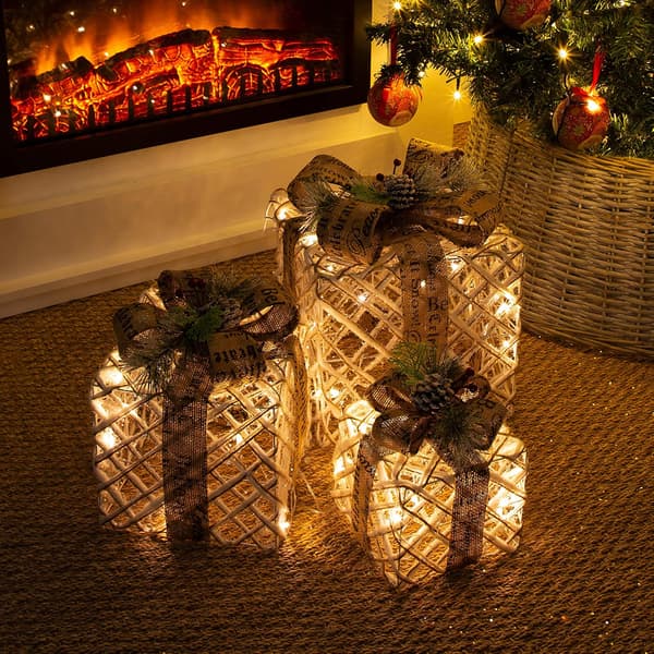 Julverkstadens sæt med 3 oplyste juleæsker/indendørs julepynt/45 varmhvide LED-lys