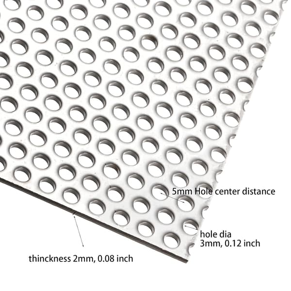 Perforert plate, 11,8\" x rustfritt stål metall 0,12\" hull, 0,08\" tykkelse for innendørs og utendørs bruk