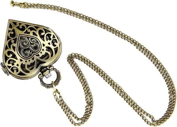 Dameficka med hjerteformet berlock, analogt lommeur med kjede, bryllupsgave til henne, Valentinsdagsgave til kvinner (bronse)