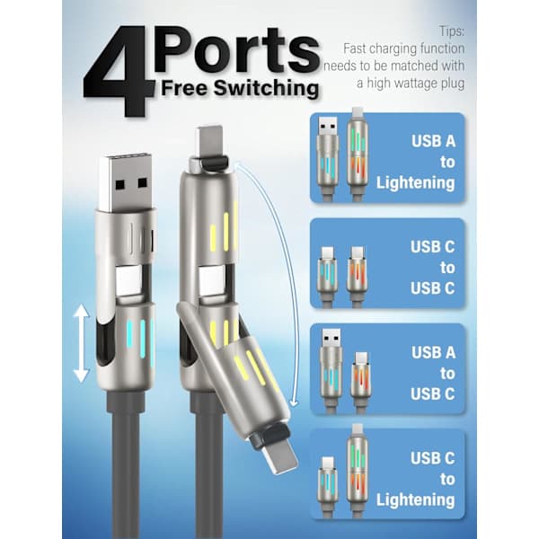 240W 4-i-1 USB-C-kabel – Multilader med pustelys, PD 5A hurtiglading og datasynkronisering, silikon – Grå 1,5m Grey