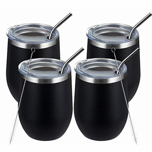 4 stk. - 12oz Stemløse Vinglas med Skydelåg - Vakuum Dobbeltvægget, Rustfrit Stål - Holder Varmt og Koldt til Vin, Kaffe, C