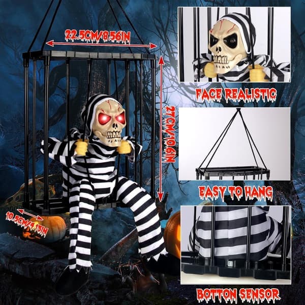 Screaming Animated Halloween Hanging Decoration, Scary Halloween Skull Cage Prisoner with Motion Sensor and Glowing Eyes