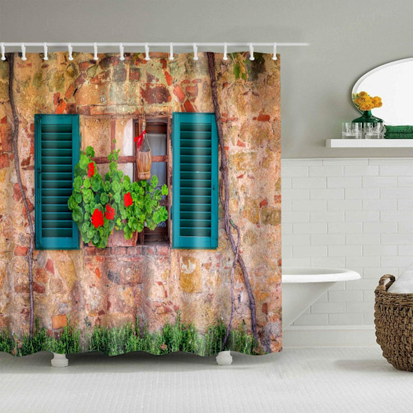 Duschdraperi i Polyester med Blommönster och Krokar - 180 x 180 cm