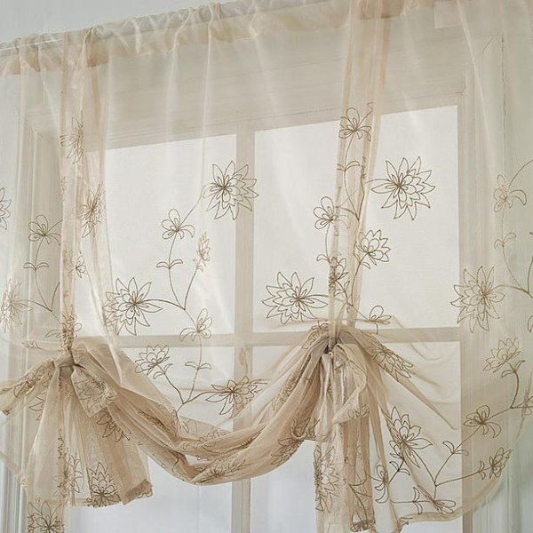 Broderede Voile Køkken Tie Up Gardiner Blomster (80*120cm) Tie Up Gardiner--Broderi