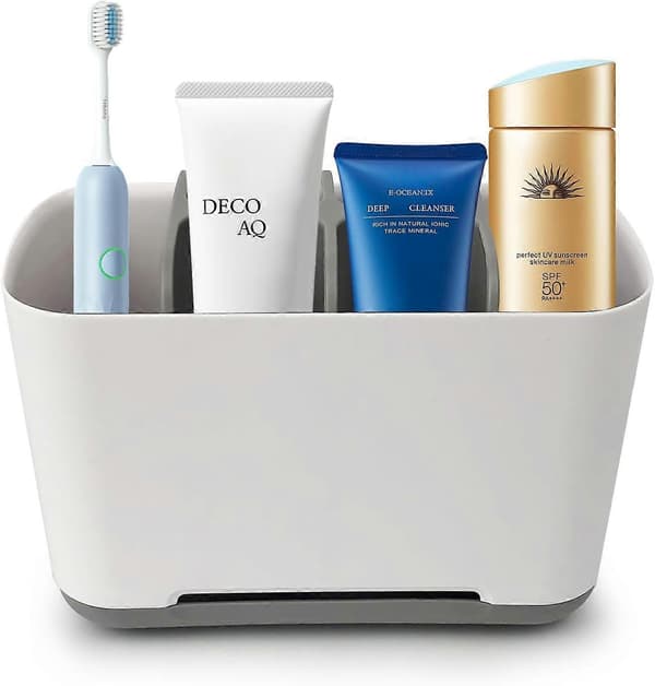 Toothbrush Holder, 3 Compartment Toothbrush Organizer with Drain Hole Multifunctional Storage Box (Grey-L)