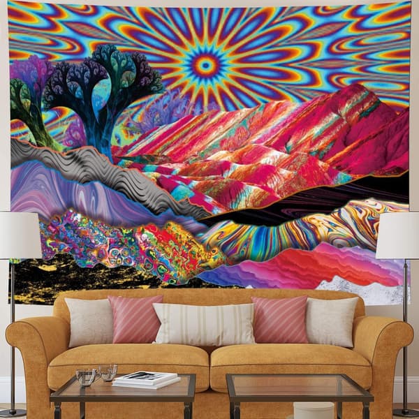 Solgobeläng väggbonader psykedeliska trippy bergsmattor