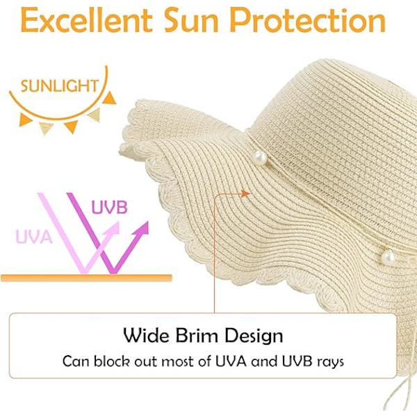 Beige stråhat til damer, sammenfoldelig solhat UV-beskyttelse, sommerstrand