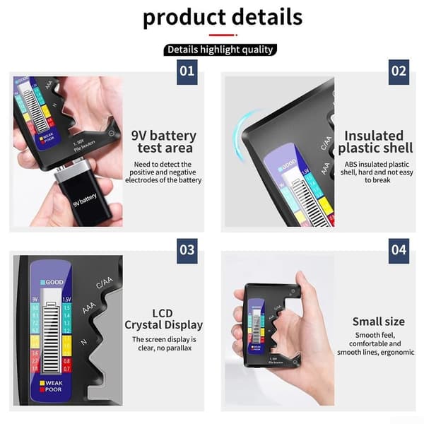 This battery tester has an LCD screen and can test batteries of various capacities, including 9V PP3, AAA, AA, C, and button cell batteries.
