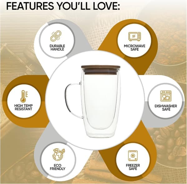Double Wall Glass Coffee Mugs Unique Insulated Coffee Cups with Handle and Bamboo Lid (2-Pack)