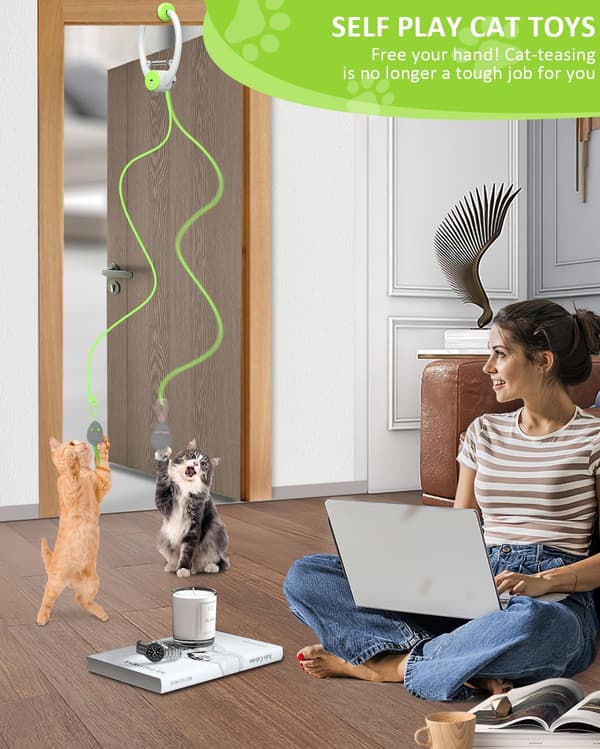 Smart USB Cat Toy - Automatic Retractable Feather Teaser with 3 Catnip Mice, Door-Mounted Interactive Play for Kittens
