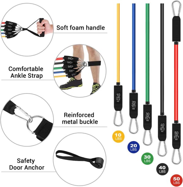 Resistance Bands Set, Exercise Bands with Handles, Door Anchor and Ankle Straps - Stackable up to 68 kg - for Resistance Training