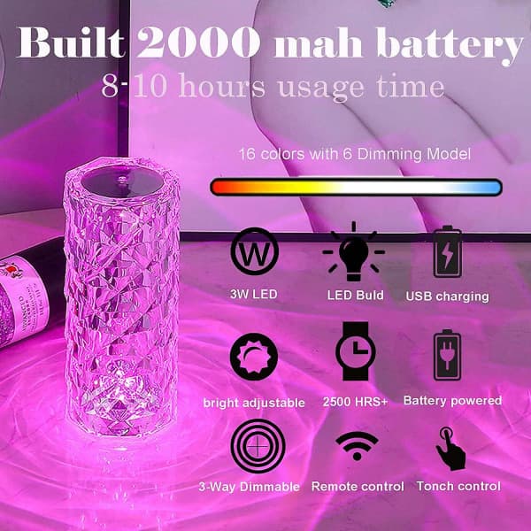 Touch Table Lamp Crystal LED Night Light, 16 Colors Rechargeable Rose Diamond Table Lamp with Touch Control, USB Table Lamps