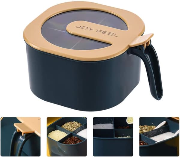 Kitchen Square Spice Box with 4 Compartments and Spice Jars with Lids